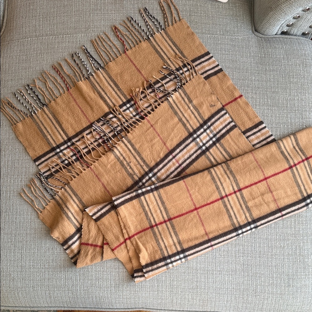 Camel Plaid Fringe Scarf with Black & Red Accents